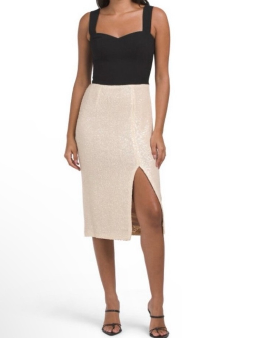 Dress the Population Malise Cream Sequin Midi Dress with Side Slit